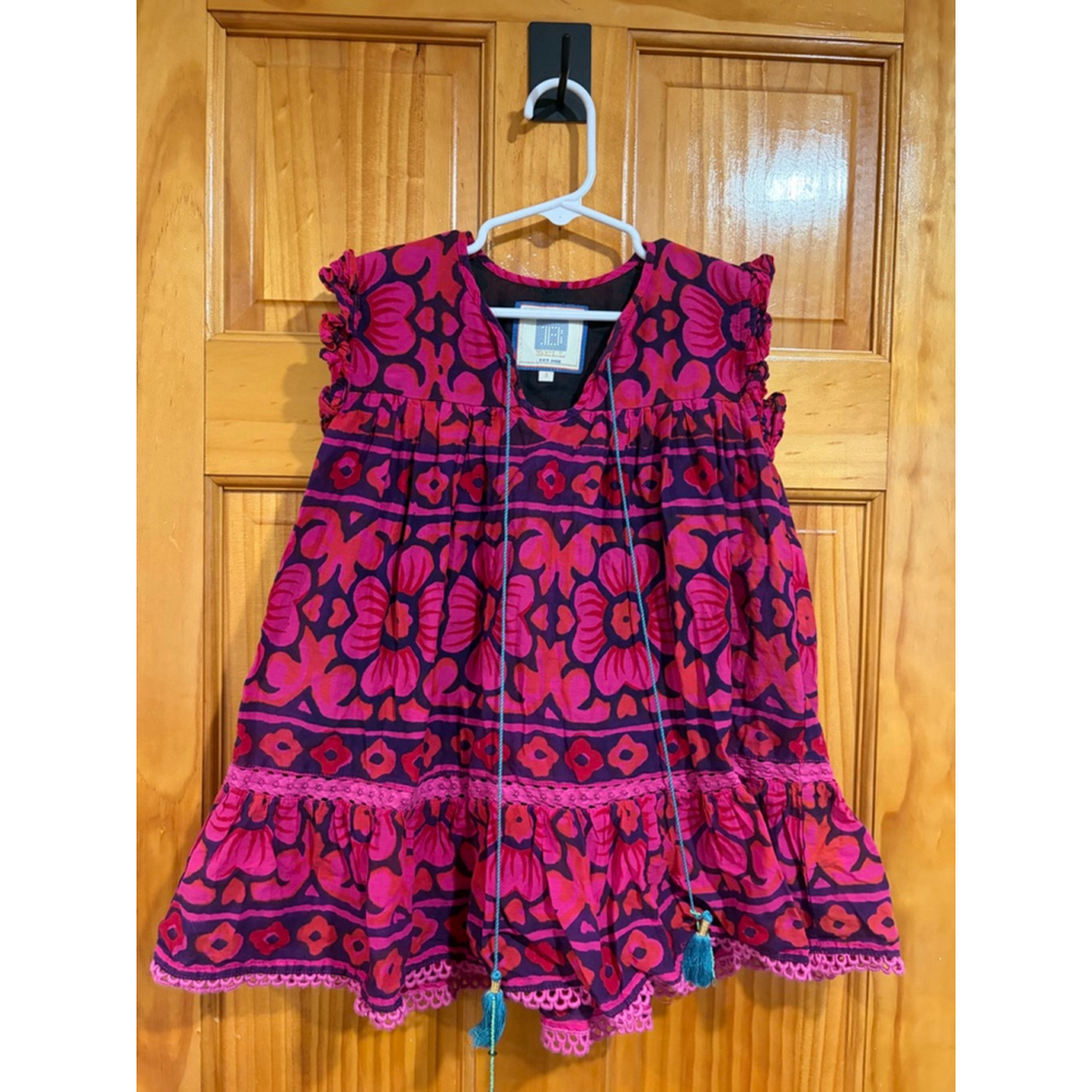 Bell Girls Boho Floral Dress Pink Purple Tassel Trim Cotton Size 4